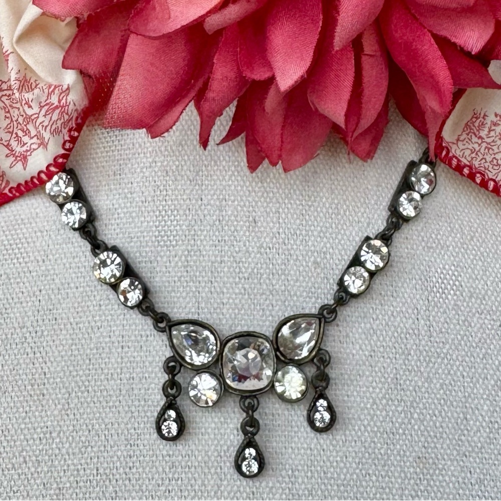 Black Gunmetal Rhinestone Statement Necklace Victorian Gothic Teardrop Dangle